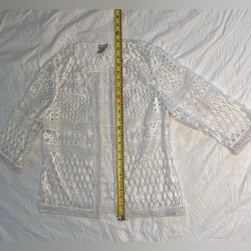 Chico’s Travelers White Open Knit Cardigan Sheer Crochet 3/4 Sleeve Jacket 4/6P - Picture 10 of 11